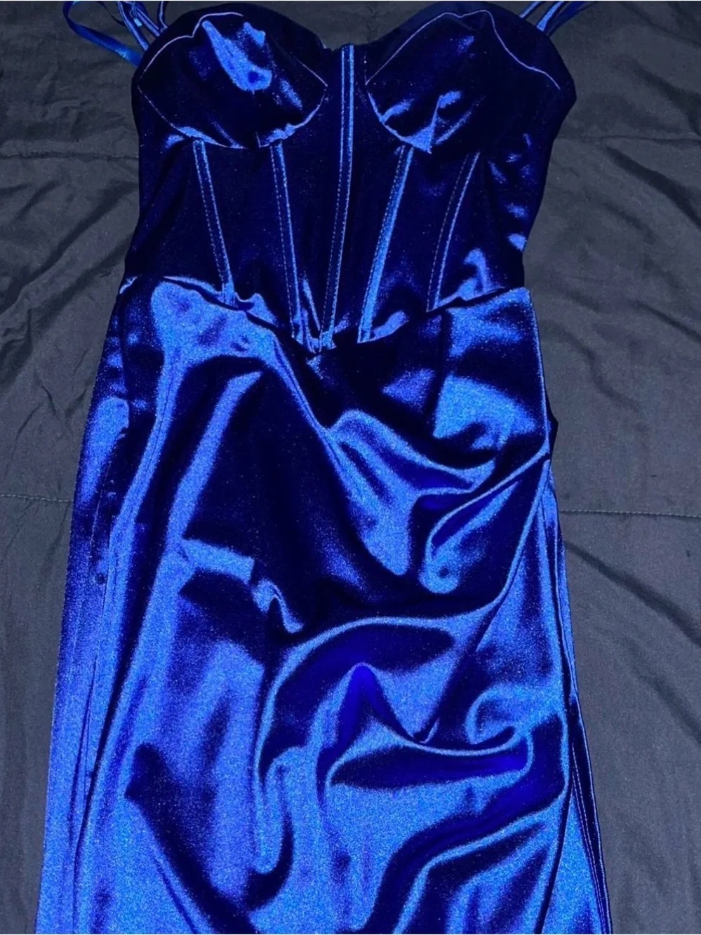 B Darlin Royal Blue Satin Corset-Style Midi Dress with High Slit